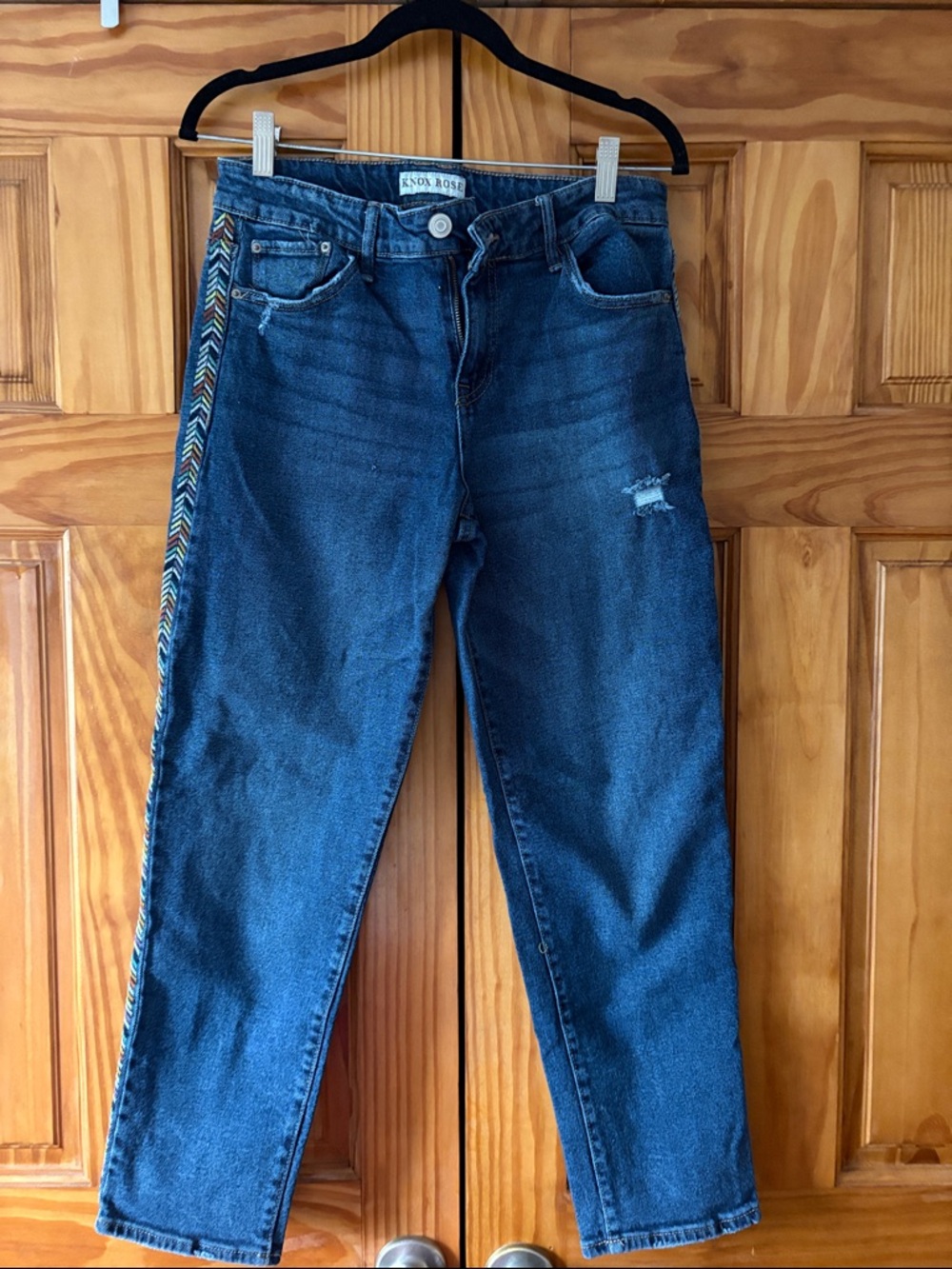 Knox Rose Indigo Straight Leg Jeans with Colorful Embroidered Side Trim